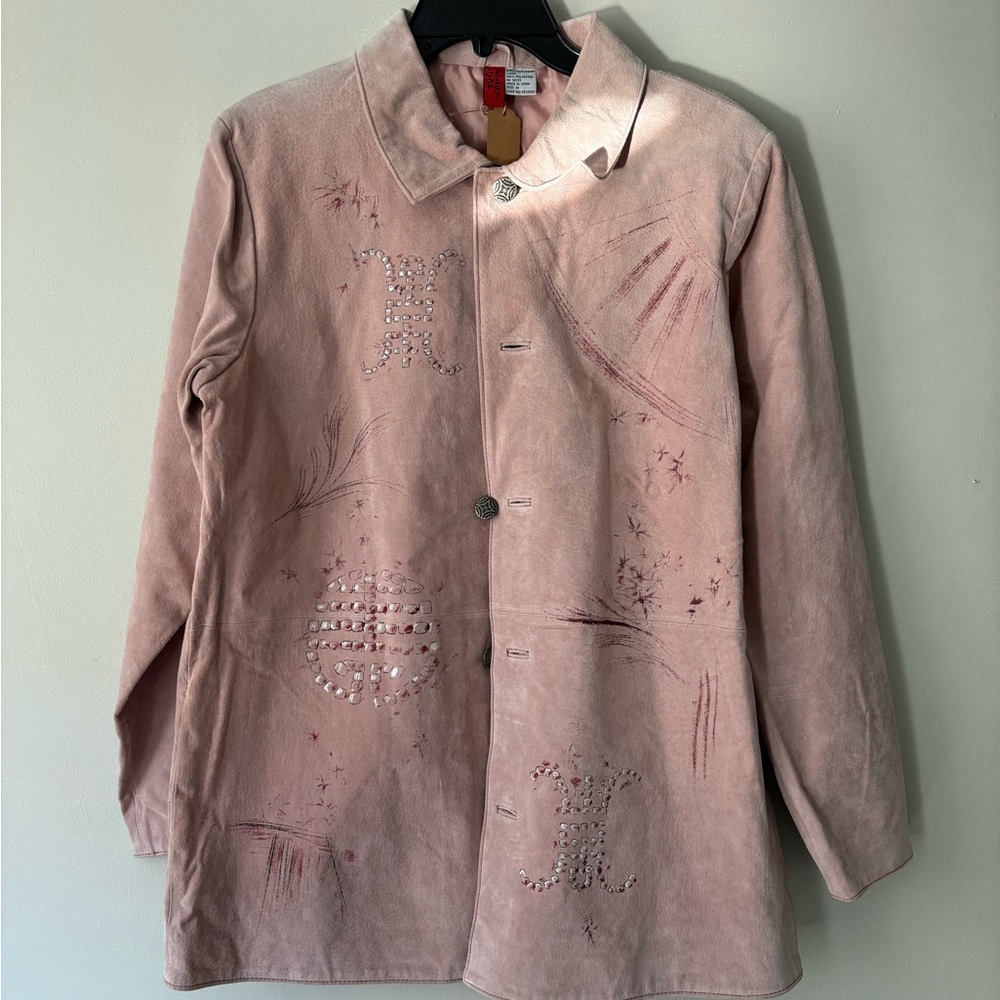 Vintage Ethereal Pastel Pink Painted Geisha Retro Indie Midi Suede Jacket Large - Picture 10 of 14